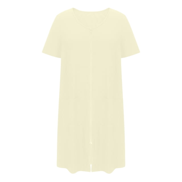 Kaemgyyd Peignoirs Zippés pour Femmes Été Manches Courtes Col Ras du Cou Peignoirs Courts Unis Légers Doux Robe de Nuit avec Poches