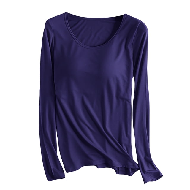AherBiu Hauts de Pyjama pour Femmes avec Soutien-Gorge Intégré Chandails Doux à Manches Longues Col Ras du Cou Automne Haut de Pyjama Confortable Vêtements de Nuit