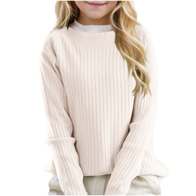LOVZFMLL Chandails pour Filles, Chandail à Col Rond Côtelé Uni, Vêtements d'Automne Essentiels Confortables et Extensibles, Hauts d'Hiver Chauds, Vêtements pour Filles de 6-7 Ans