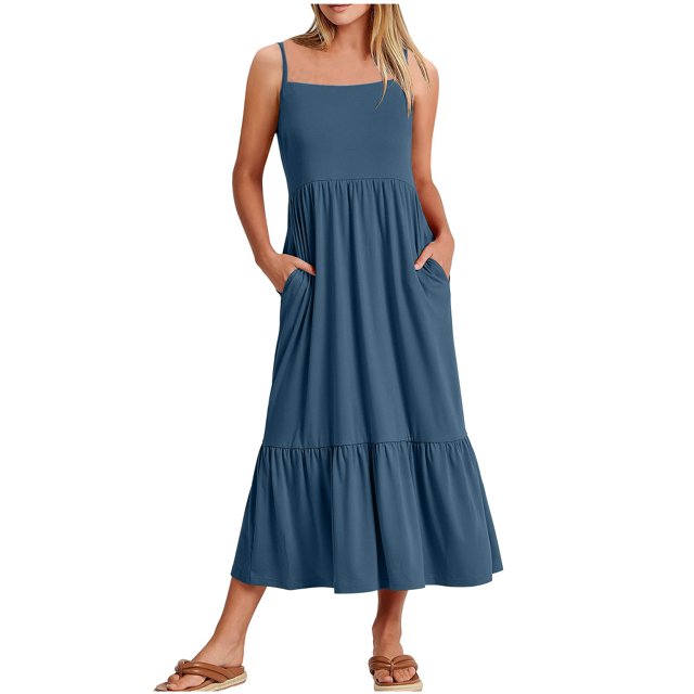 Womens Fashion Round-Neck Sling Sleeveless Solid Pockets Patchwork Pullover Dress