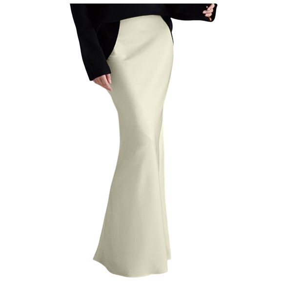 Fgnfyis Women Spring Summer Skirt 2025 Silk Elegant High Waist Party Wedding Hem Satin Maxi Skirts Women's Skirts Beige S