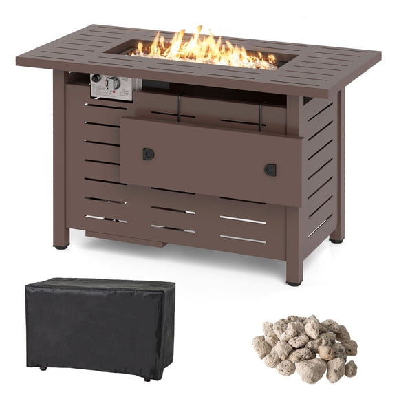 Costway 40-Inch Outdoor Propane Fire Pit with Lava Rocks Removable Lid & Protective Cover Brown