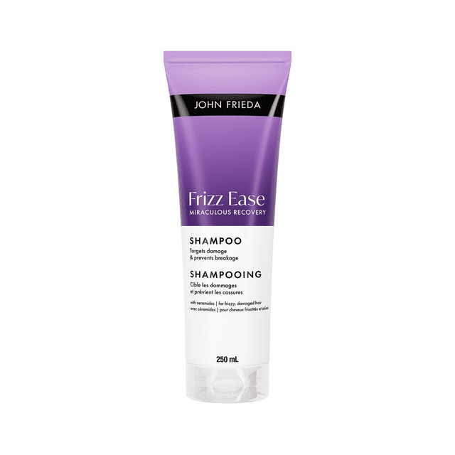 John Frieda Frizz Ease Shampooing Réparateur Miraculeux pour Cheveux Abîmés et Secs en tube de 250 ml Violet et Blanc avec Marque John Frieda Noire, Formulé pour Cibler les Dommages et Prévenir la Casse des Cheveux Frisottés et Abîmés avec Céramides, Convient aux Cheveux Colorés.