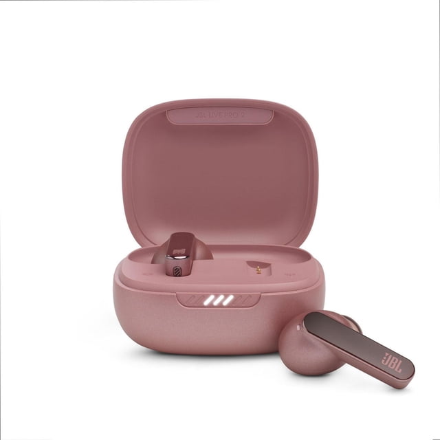 JBL Live Pro 2 TWS true wireless noise cancelling earbuds in muted rose, one earbud inside the open charging case and the other beside it, featuring stick closed design with oval tubes, JBL logo on the stem, and LED battery indicator on the case front, suitable for immersive audio and clear calls.