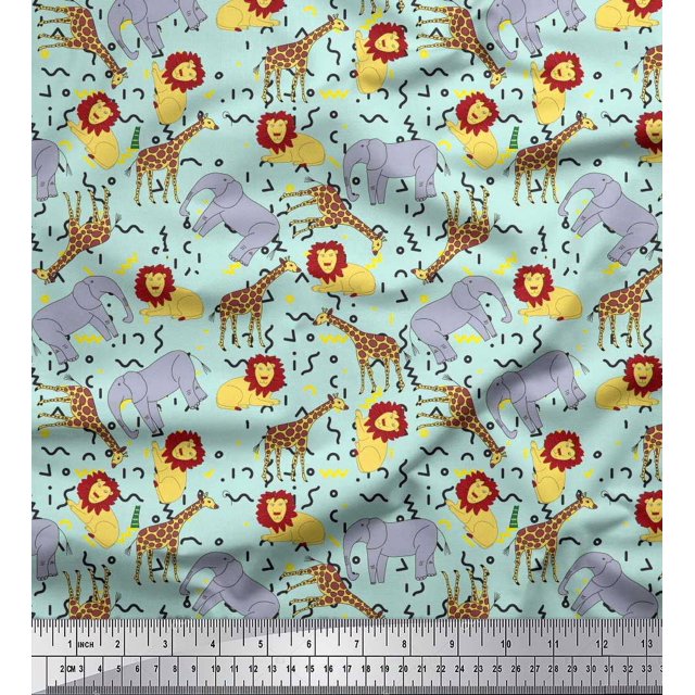 Soimoi Green Modal Satin Fabric Lion,Giraffe & Elephant Kids Print Sewing Fabric BTY 42 Inch Wide