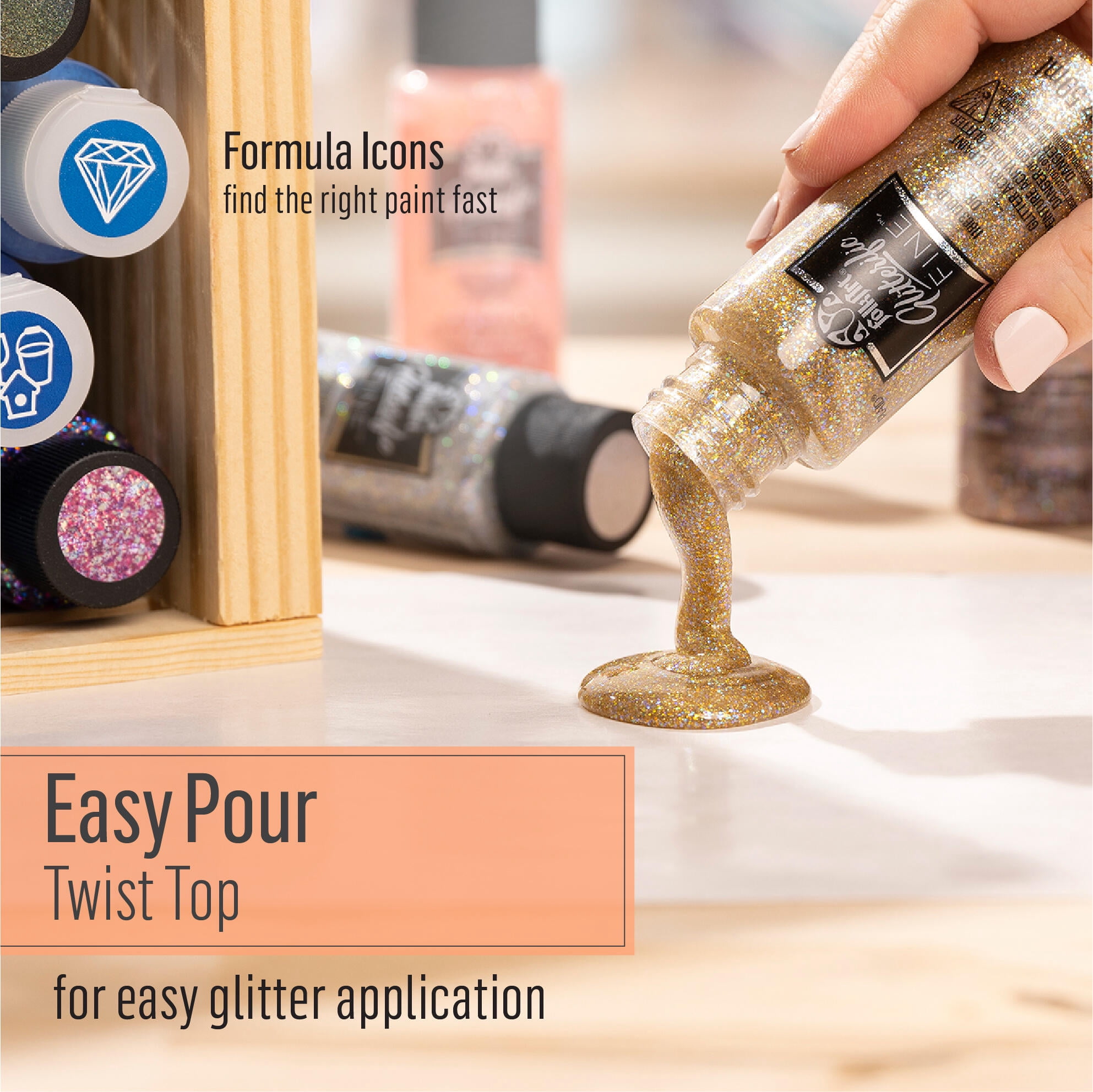 FolkArt Glitterific Fine Peinture acrylique pour artisanat, fini pailleté, Or, 2 oz liq.