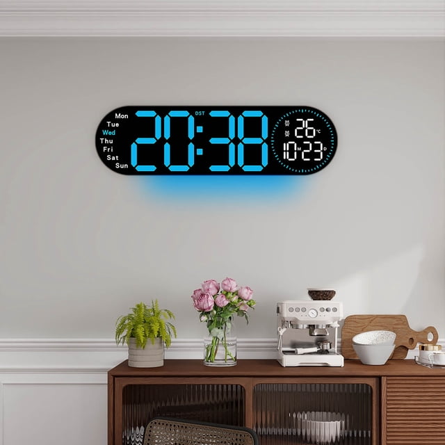 TACILIP Alarm Clock, 17.3-inch Living Room Wall Clock with Multifunctional LED Electronic Clock Large Size Alarm Clock Temperature and Humidity Clock, Gifts for Her