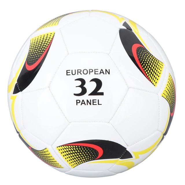 Soccer Ballon, Ballon de Soccer de Taille Stable 5 pour l'Entraînement. un Ballon de Soccer Blanc Taille 5 avec un design à 32 Panneaux, avec des accents Graphiques Jaunes, Noirs et Rouges. Fabriqué à Partir de Matériaux Durables en PVC et Caoutchouc, Il Est Conçu pour la Stabilité, l'Élasticité et une Utilisation durable. Convient à l'Entraînement, aux Compétitions et à Diverses Activités de Soccer.