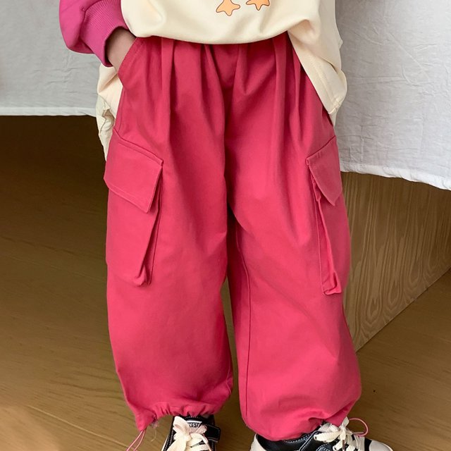 YUTK Children Solid Color Drawstring Shorts Baby Girl Pockets Cargo Pants Length Pants on Clearance Hot Pink