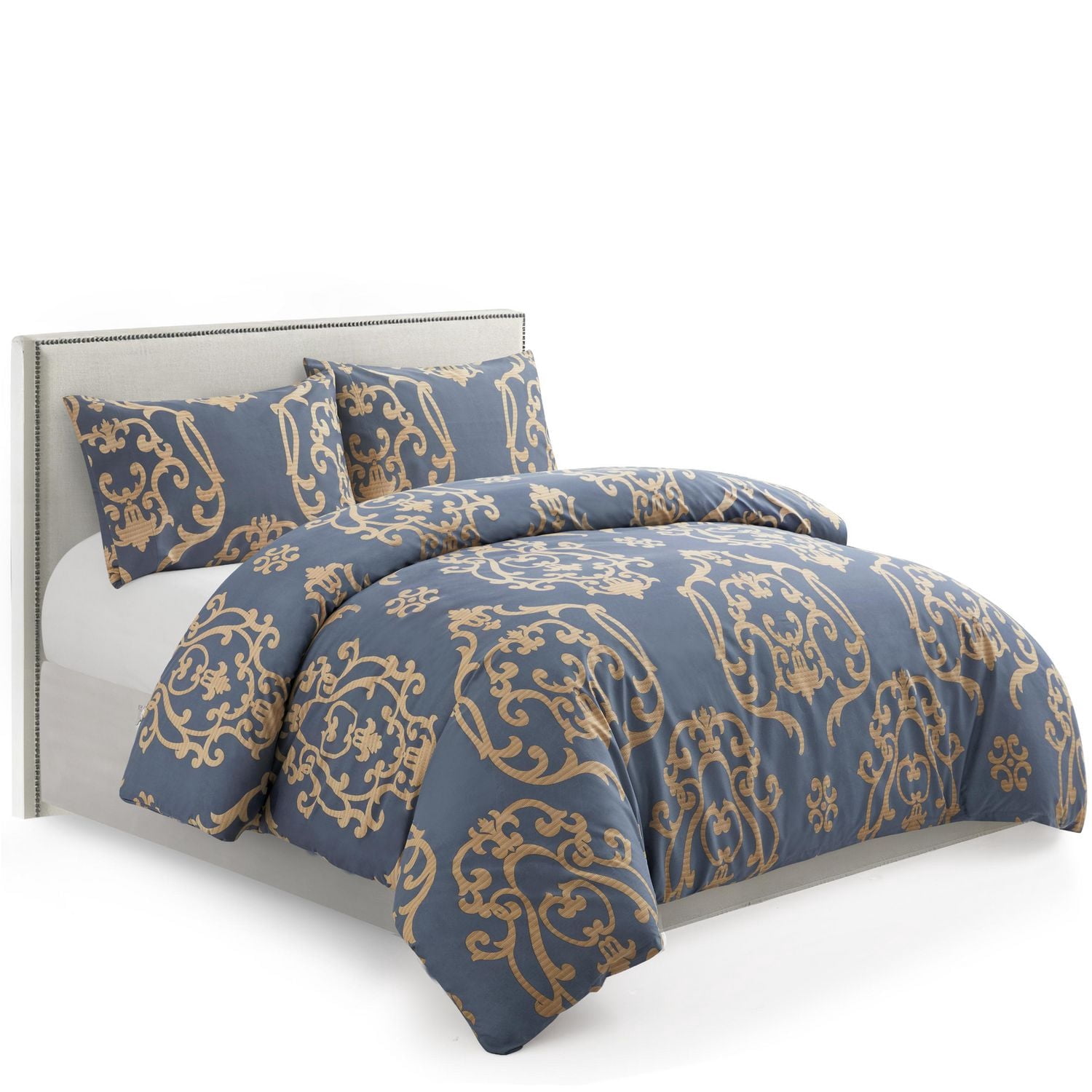 Literie Marina Décoration douce, soyeuse et riche en rayonne de bambou imprimée, toutes saisons, housse de couette, drap-housse, avec fermeture éclair et lien d'angle, motif damassé doré bleu marine