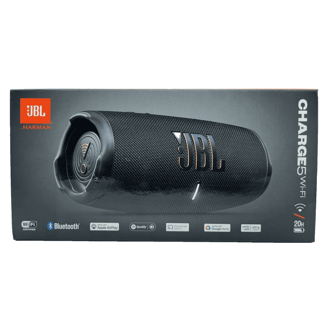 JBL Charge 5 Haut-Parleur Portable Wi-Fi et Bluetooth Noir Montré sur Sa Boîte de Vente au Détail avec une Vue avant 3/4 Mettant en Valeur la surface en Tissu Texturé et le logo JBL, avec des Icônes pour Wi-Fi, Bluetooth, Apple AirPlay, Spotify, Chromecast, Google Home, Compatibilité Alexa et Autonomie de 20 Heures, Idéal pour la Diffusion audio Sans Fil à l'Intérieur Ou à l'Extérieur.