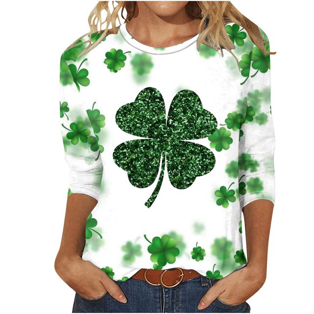 Besolor Hauts pour Femmes de la Saint-Patrick Tendance Manches 3/4 T-Shirts Imprimés Shamrock Col Rond Mignon Tunique de la Saint-Patrick T-Shirt Hauts