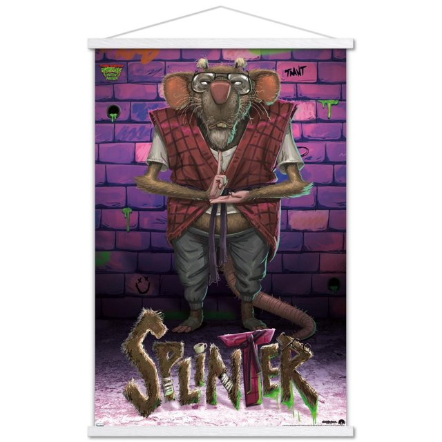 Chaos Mutant Les Tortues Ninja : - Affiche Murale Splinter, 22,375 Pouces x 34 Pouces Mettant en Vedette une illustration Centrée et Orientée vers l'Avant de Splinter, un rat Humanoïde Portant des Lunettes, un Gilet à Carreaux Rouges sur une Chemise Blanche et un Pantalon Gris, Debout contre un Mur de Briques Violettes avec des Gouttes de graffiti et de slime Vert, avec le Mot Texturé Duveteux « Splinter' » au Bas, art Mural Idéal pour la Déco de Chambre Ou la Décoration de Fête.