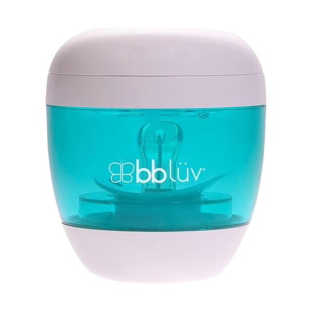 bblüv - Üvi - 2 in 1 portable UV sterilizer with a compact, rounded white top and base and a transparent turquoise middle section showing the durable UV bulb inside, designed for quick, chemical-free sterilization of baby feeding items and small objects.