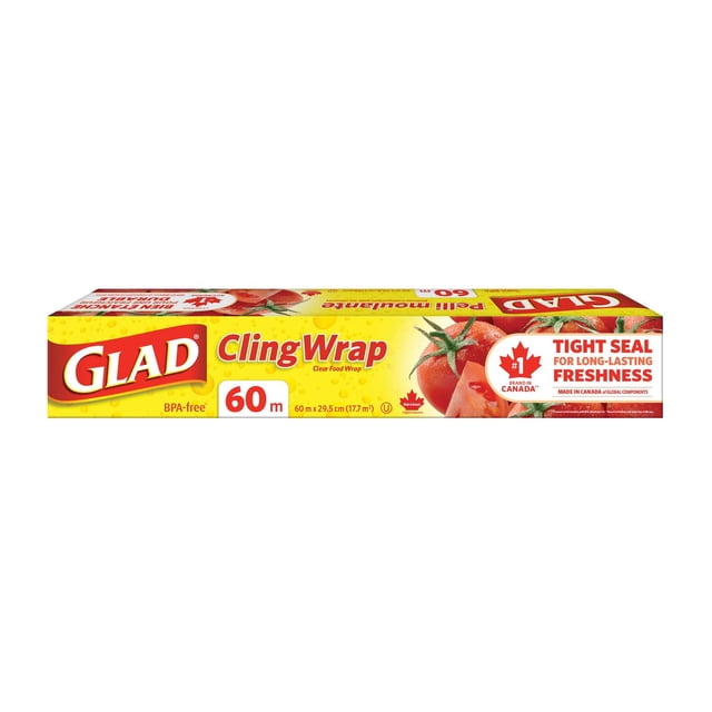 Glad ClingWrap plastic wrap box measuring 60 meters, with yellow and red packaging featuring fresh tomatoes and a BPA-free label. It includes a Canadian maple leaf icon highlighting its tight seal for long-lasting freshness, suitable for food storage and protection.