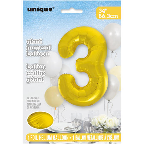 Ballon chiffre 3 doré de 86 cm (34 po) de Unique Industries, à l'unité