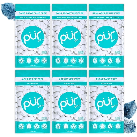 PUR Gum, Wintergreen, Aspartame Free, Sugar Free & 100% Xylitol Chewing Gum, 55 Pieces, Pack of 6