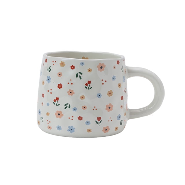 Mainstays Tasse en Grès 13,5 Oz à Motif Floral en Céramique Blanche de Forme Carrée Arrondie, Décorée de Petites Fleurs Rouges, Bleues, Pêche et Jaunes et de Feuilles Vertes, avec une Grande Poignée, Convient pour le Café, le Thé Ou comme Article Décoratif.