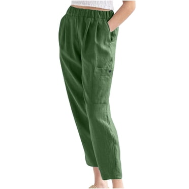 Wide Leg Pants Woman Summer Pants Casual Solid Color Elastic Waist Linen Pockets Pants Work Pants Women Army Green XXL