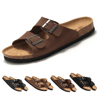 BERANMEY Unisex Cork Footbed Sandal for Womens Flat Slide Sandals Cork Footbed 2 Straps Adjustable Buckle Slip on Sandals with Comfort Arch Support for Slippers