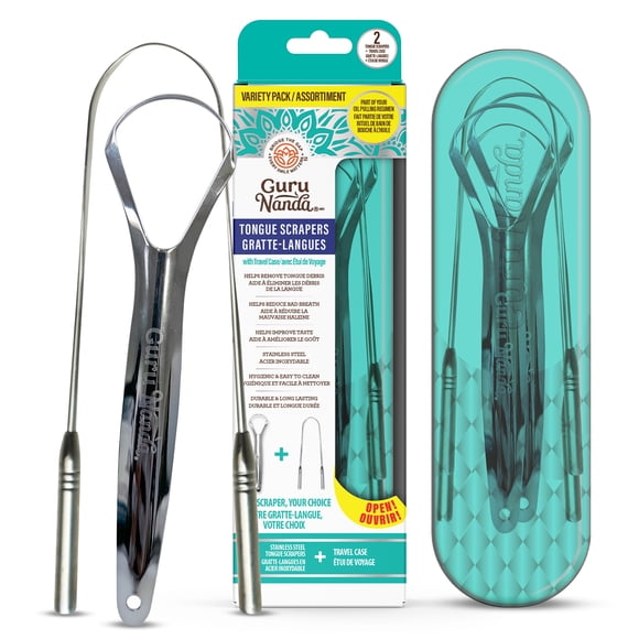 GuruNanda Spoon & U-Shaped Tongue Scraper Variety Pack with Travel Case, Stainless Steel, BPA Free, for All Ages