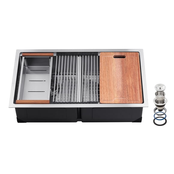 KFFKFF 33 inch Kitchen Sink Workstation, 304 Stainless Steel Undermount Sink, Drop-In Double Bowl Farmhouse Basin with Ledge & Multiple Accessories
