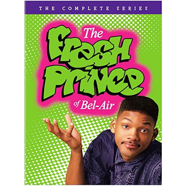 FRESHPRINCECSRDVD Couverture Mettant en Vedette « the Fresh Prince of Bel-Air » en Texte Vert Audacieux Style Graffiti avec des Contours Noirs et une Lueur Rose sur un Fond Demi-Ton Vert et Blanc, Surmontée d'Une Bannière Violette Lisant « the Complete Series ». une Personne Portant une Chemise à Motif Foncé Est visible de l'Épaule avec une Main Levée.