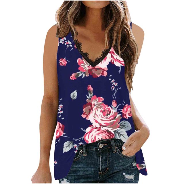 Cameland Débardeur Blouse Sans Manches à Col en V en Dentelle Patchwork Imprimée pour Femme