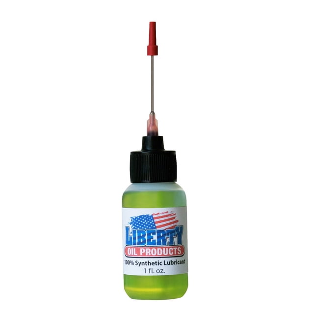 Liberty Oil, 2oz bottle with extra-long 3-inch stainless steel applicator, designed for lubricating clocks and restoring clock movements. The bottle features a precision applicator needle for mess-free application and contains 100% synthetic oil safe for plastics and painted surfaces. Ideal for reducing friction in machinery and medical equipment.
