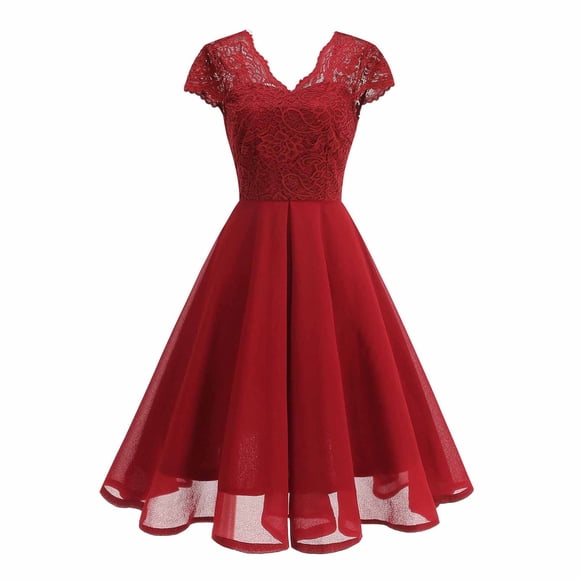 Fznquz Wedding Guest Womens Spring Dresses Cocktail Red Party 2026 Dress Formal Flowy Formal Lace Sleeve Fashion