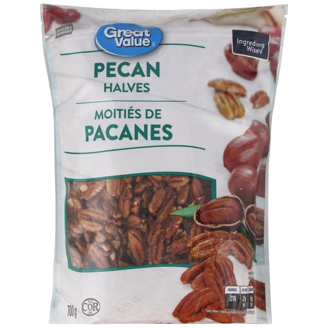 Great Value Pecan Halves in a 700g resealable bag with a transparent window showing brown pecan halves, bilingual English and French text, Ingredient Wise certified without synthetic colours or artificial flavours, ideal for cooking, baking, snacking, and as a crunchy topping for salads or yogurts.