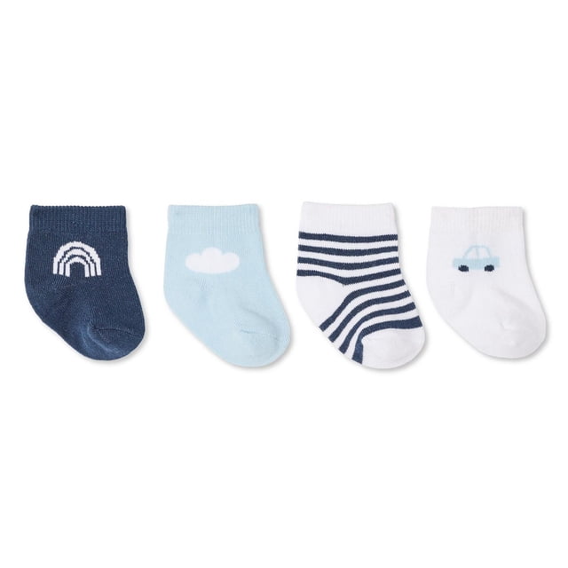 Four George baby boys' socks in navy with a rainbow design, light blue with a cloud design, white with navy stripes, and white with a small car illustration.