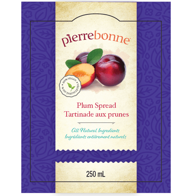 Pierre Bonne Jam Plum KPY 250ml showing a label with a detailed illustration of a whole plum and a halved plum with green leaves, labeled 100% vegan and all natural ingredients, designed as a plum spread in a purple decorative background, suitable for use as a fruit preserve or topping.