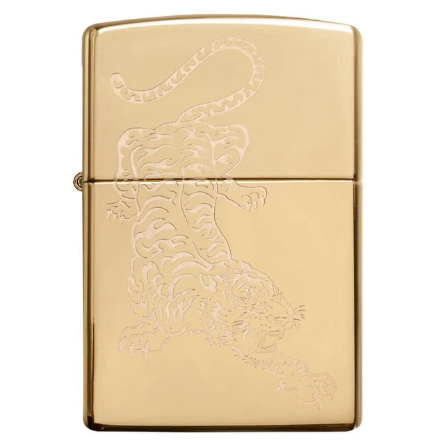 Zippo Tattoo Tiger Design (29884) high polish brass windproof lighter with an engraved tiger design that appears to float on the reflective surface, refillable for lifetime use, ideal as a camping accessory and fire starter, packaged in a gift box.