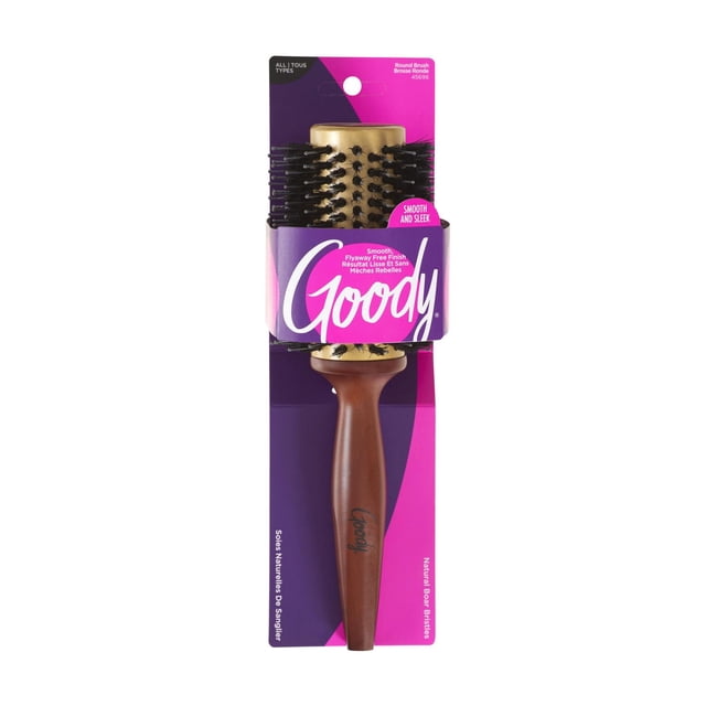 Goody Styling Essentials Smooth Blends Boar Ceramic Round Hair Brush with a brown wooden handle and natural boar bristles on a ceramic barrel, shown on purple and pink packaging with the Goody logo, suitable for smoothing and detangling all hair types.