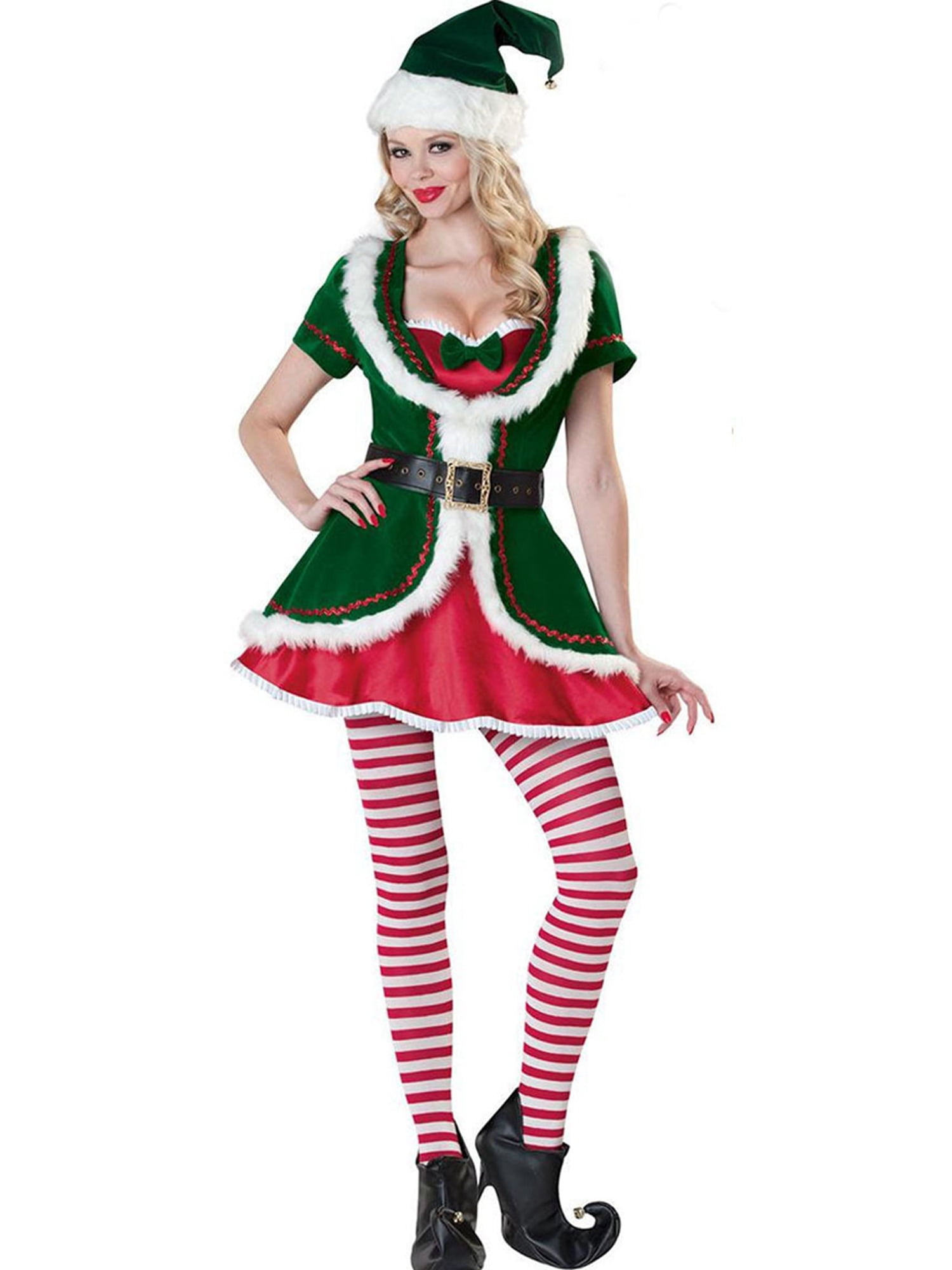 SUNSIOM Costumes de Noël pour Femmes Elf Robe à Manches Courtes avec Ceinture Chapeau Mignon Ensemble de Bas Rayés pour Tenues de Fête Cosplay