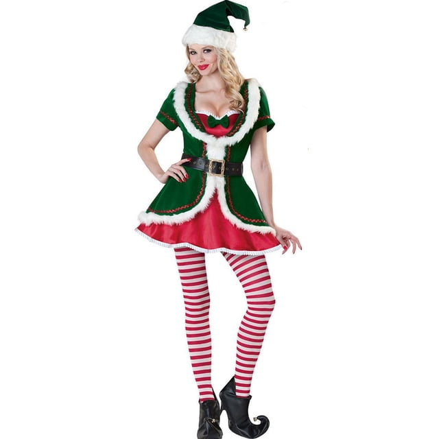 SUNSIOM Costumes de Noël pour Femmes Elf Robe à Manches Courtes avec Ceinture Chapeau Mignon Ensemble de Bas Rayés pour Tenues de Fête Cosplay