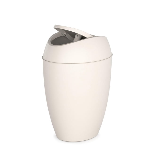 Loft 9 Litre (2.4 Gallon) Twirla Polypropylene Waste Can in sand with a slim, tapered shape and a weighted swing-top lid partially open, designed for narrow spaces in home trash and recycling storage.