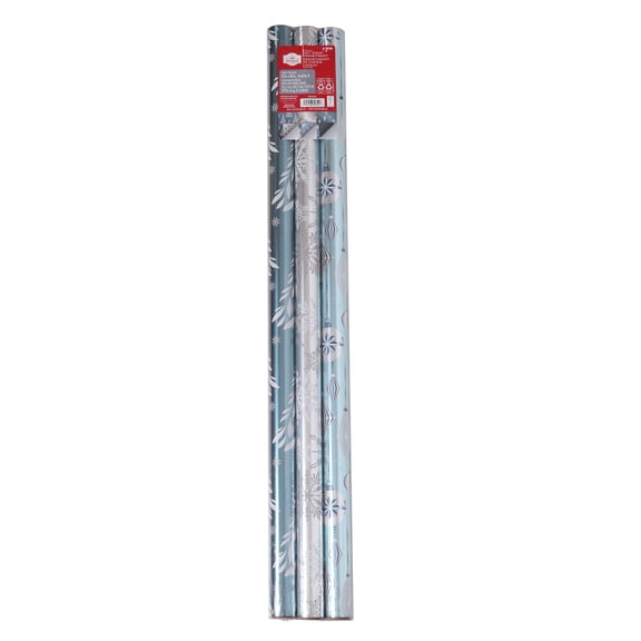 3 Rolls 50 SQFT Blue Silver Christmas Wrapping Paper By Holiday Time