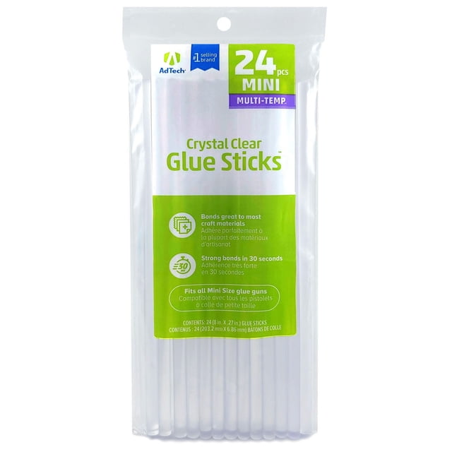 AdTech Bâtons de Colle Cristallins Transparents, Lot de 24 Bâtons de Colle Chaude Transparents Format mini, 8 Pouces de long et 0,28 Pouce de Diamètre, Multi-Températures pour Tous les Pistolets à Colle mini, Se Lient en 30 Secondes au Papier, au Bois, au Tissu, au Plastique et Plus, Convenant aux Projets d'Artisanat et de scrapbooking
