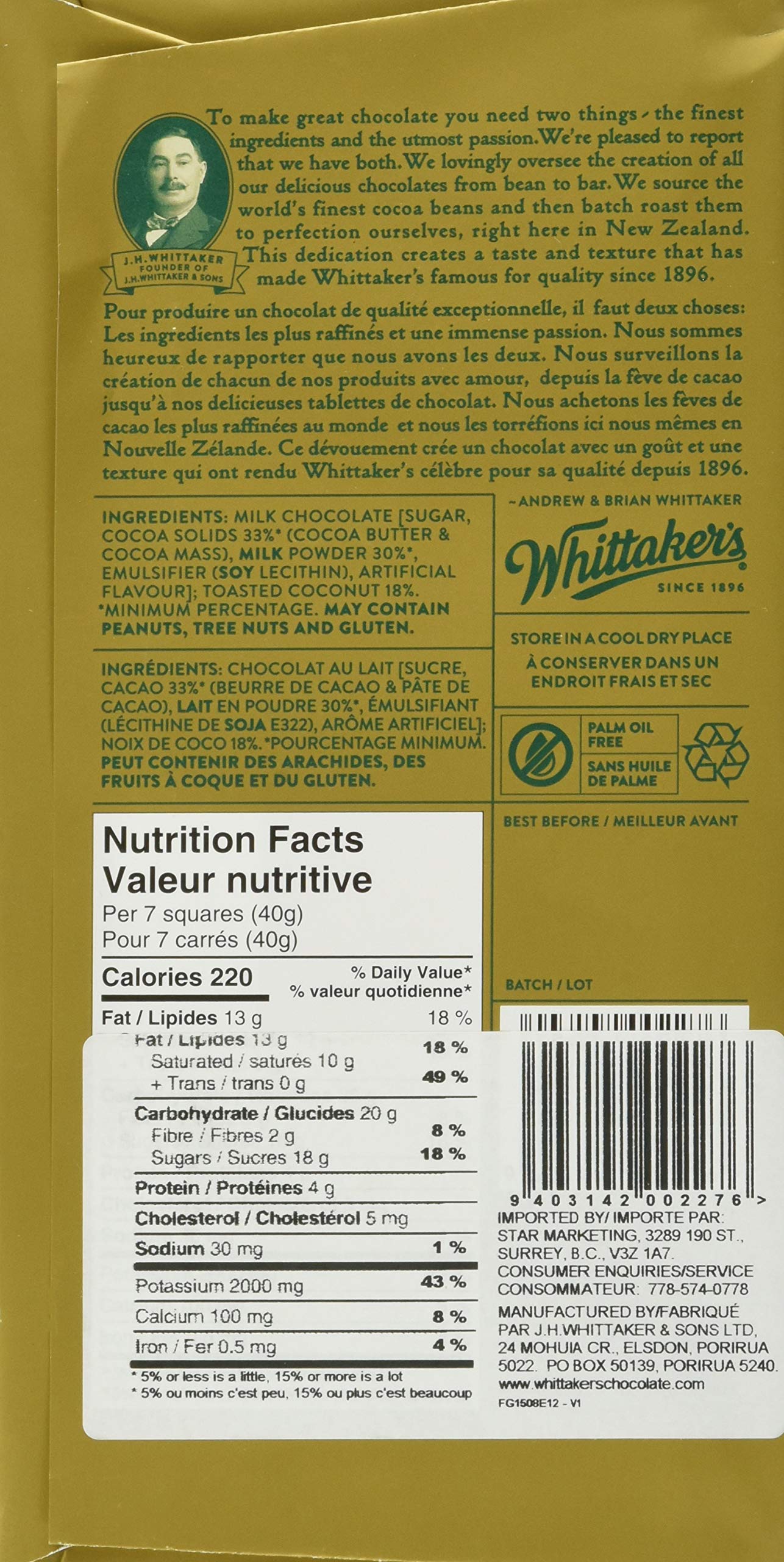 Bloc de noix de coco Whittaker, 200 grammes