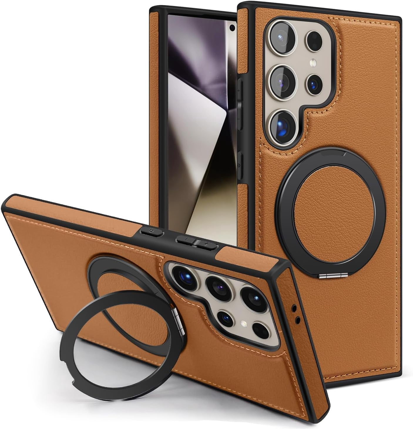 MYKOMI for Samsung Galaxy S24 Ultra Case Leather Magnetic [Compatible with MagSafe][360°Rotatable Ring Stand & Kickstand] Phone Cover for Samsung S24 Ultra