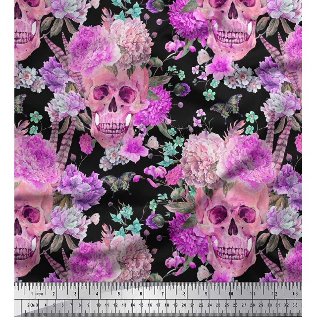 Soimoi Pink Georgette Viscose Fabric Insect,Skull & Flower Fabric Prints by Yard 42 Inch Wide