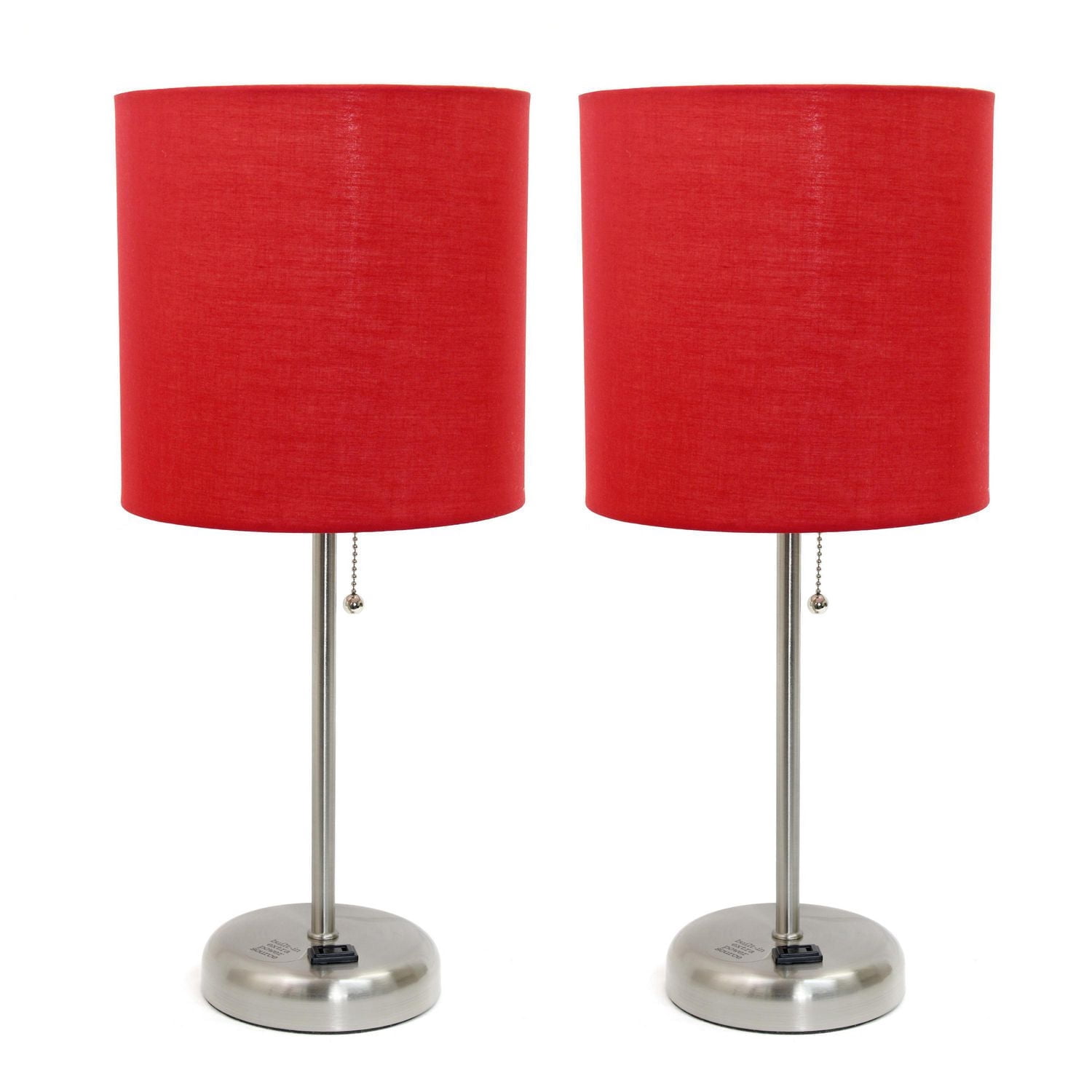 LimeLights Brushed Steel Stick Lamp with Charging Outlet and Fabric Shade 2 Pack Set