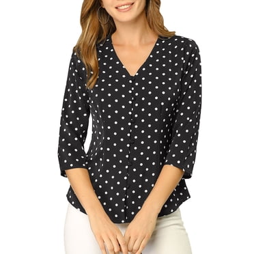 INSPIRE CHIC Blouse pour Femme Col en V Manches 3/4 Pois devant Boutonné Haut TG Noir