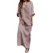 Wijhcboe 2025 Women's New Summer Cotton Dress Casual Short And Linen Yarn-Dyed Striped plus Size Tunic Dress Loose Long Dress Business Casual Dresses Wrap Dresses for Women Summer Beach Dress plus Si