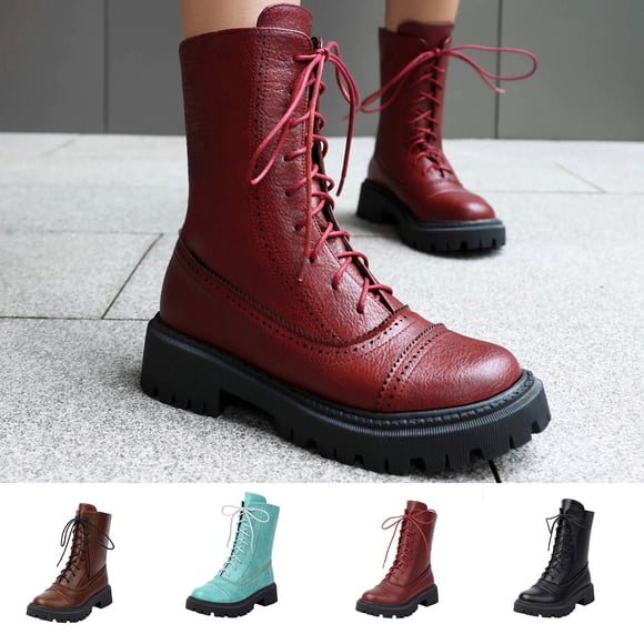 LOVZFMLL Boots for Women Mid Calf Combat Boots Lace Up Round Toe Adjustable Straps Low Chunky Heel Leather Fall Winter Casual