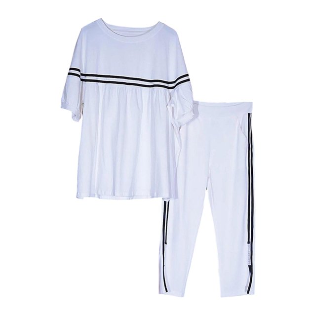 jinwen Ensemble 2 Pcs pour Femmes Vêtements Chandail à Col Rond avec Pantalon de Survêtement Manches Courtes G