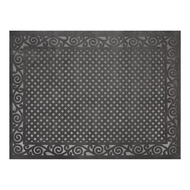 3'x4' Jarvis Graphite Embossed Needlepunch Indoor/Outdoor Mat in grey with a rectangular lattice pattern center and embossed scrollwork border, made from absorbent needlepunch material with latex gel backing to minimize slippage, ideal for outdoor entryways to remove dirt and debris from footwear, also suitable as a durable indoor scraping mat.