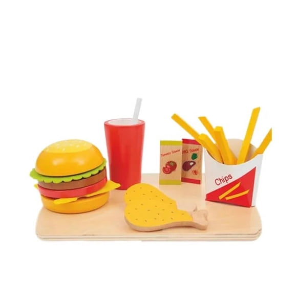 Wooden Hamburg Toys Children‘s Simulation Kitchen Toys French Fries Hamburg Package Breakfast Plate Cognitive Role-playing